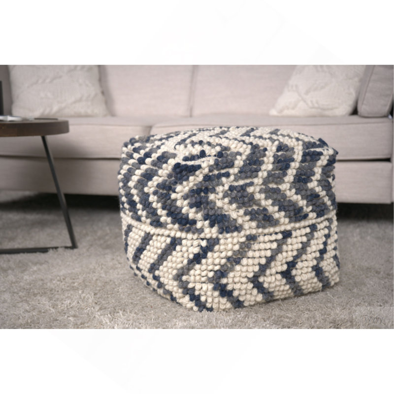 Alina Wool And Cotton Pouf, Natural And Blue