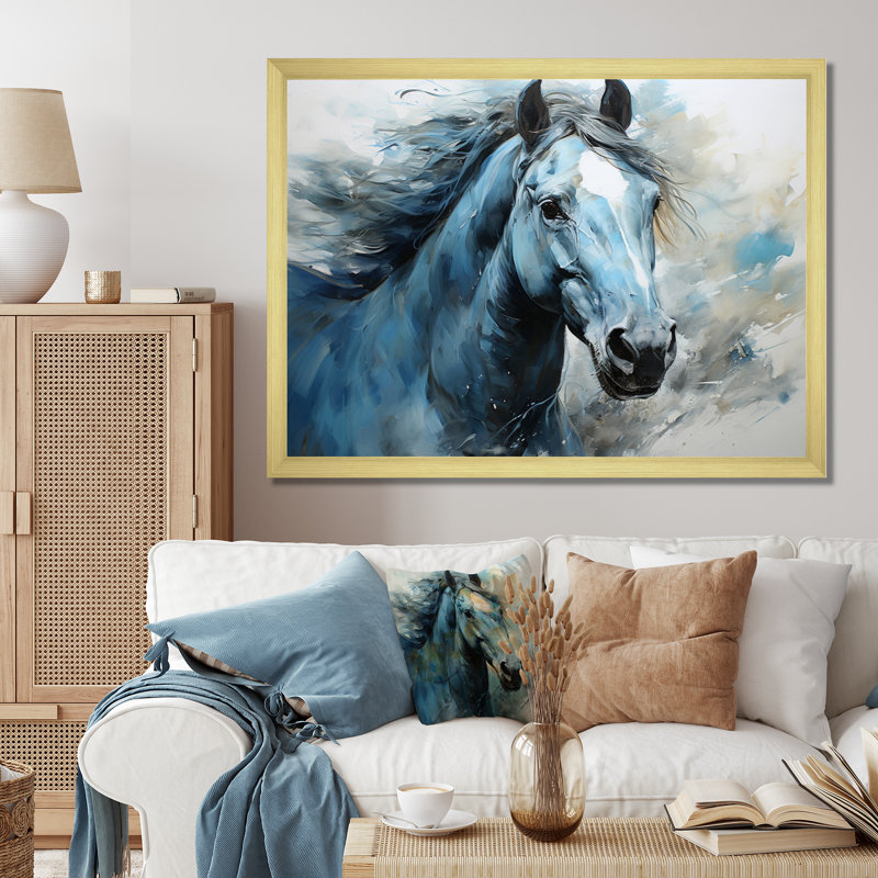 «Blue Horse Vibrant Blue Equine I», art mural grand cheval, Cadre doré simple, H 12 po x l 20 po x P 1 po