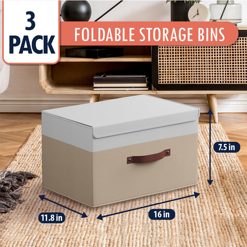 Ensemble de boîtes pliables en tissu, Blanc / kaki, H 7,5 po x l 11,8 po x P 16,5 po