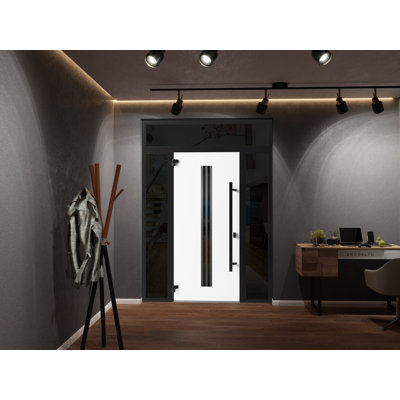 Front Exterior Prehung Steel Door / Ronex 1055 Teak / 2 Side and Top Exterior Window Sidelite / Entry Metal Modern Painted W12+36+12" x H80+16" Right hand Inswing