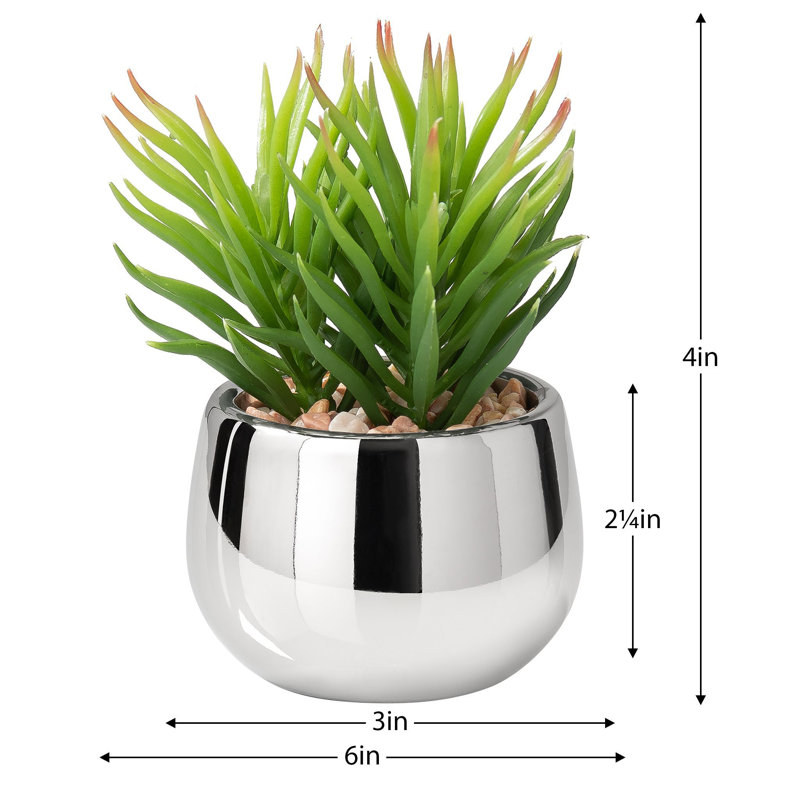 Mini succulente faux Echeveria dans un pot en céramique argent chromé, H 4 po x l 6 po x P 6 po