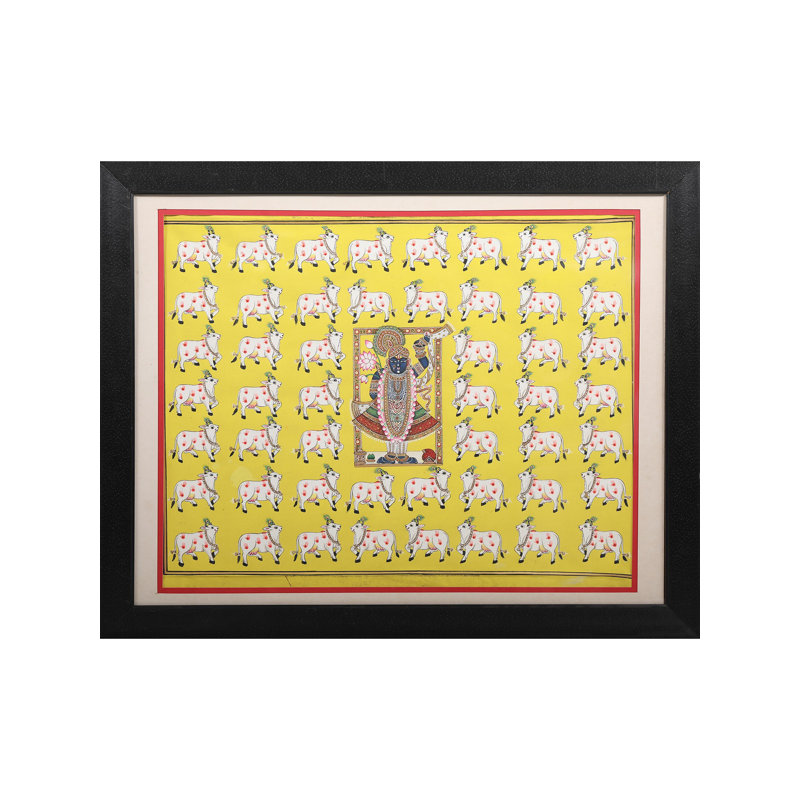 Shrinathji Surrounded By Cow'S - Pichwai Painting | With Frame | Cotton Silk | By Kailash Chandra