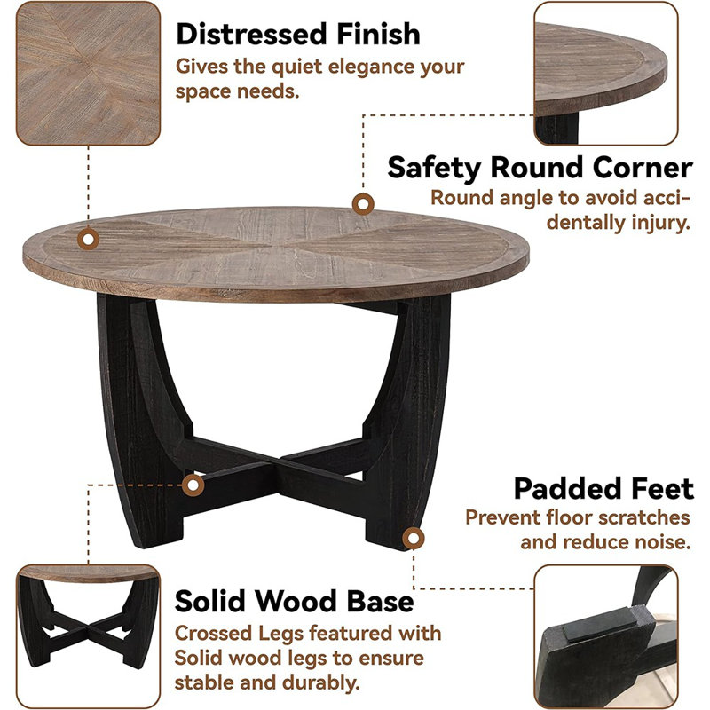Rustic Round Coffee Table with Distressed Wood Finish and Crisscross Base