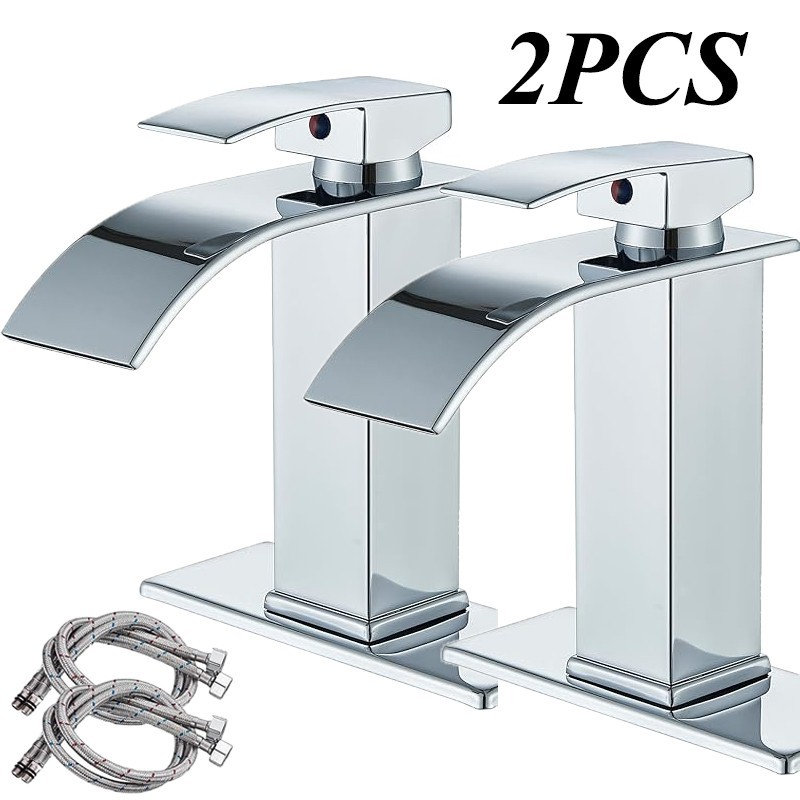 Ensemble de 2 robinets pour lavabo de salle de bain cascade avec poignées simples et plaques de pont de 6 pouces Mosson, chrome poli