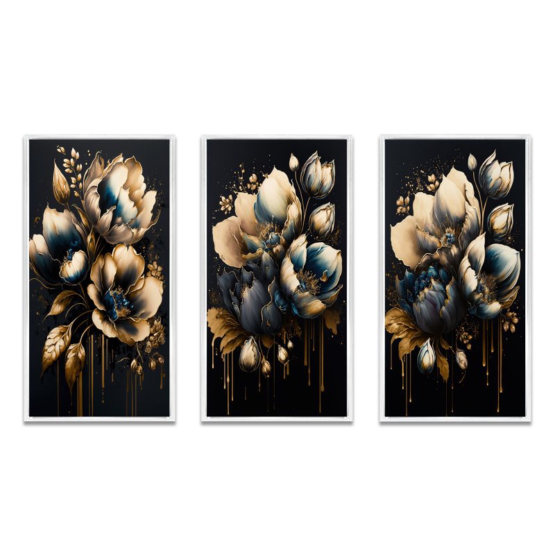 «Blue And Gold Tulips», 3 pièces sur toile, Blanc, H 20 po x l 36 po