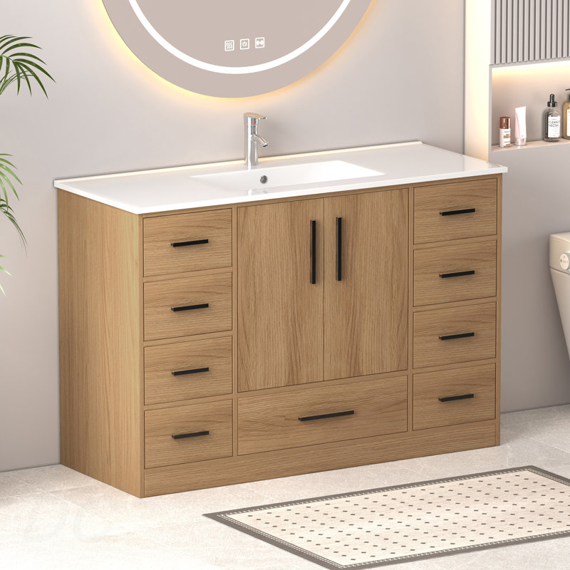 Meuble-lavabo 48 po. Armoire de rangement abondante - 2 portes à fermeture douce et 9 tiroirs, Chêne clair