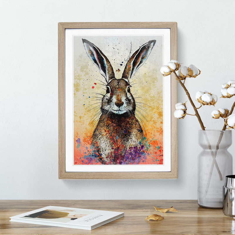 Colourful Watercolour Hare No.1 - Framed Print, 64cm H x 46cm W x 2cm D, Oak