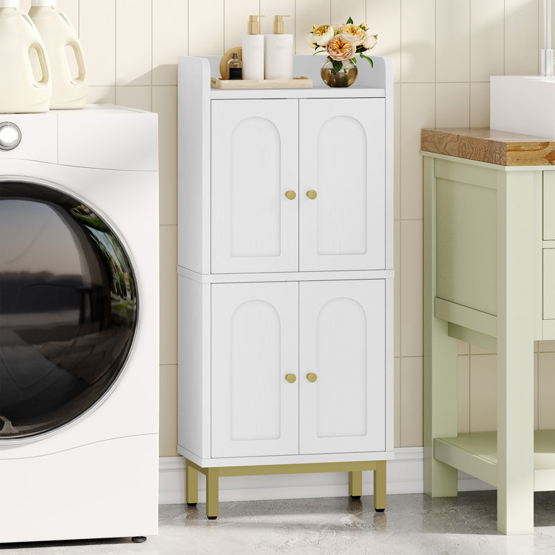 Bathroom Storage Cabinet, Slim Bathroom Floor Cabinet with 4 Door and Adjustable Shelf, Wooden Freestanding Storage Unit for Dining Kitchen Living Room 