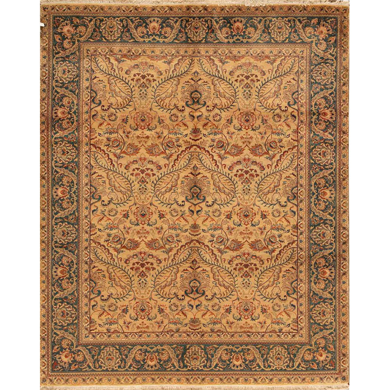 Tapis doré et vert noué à la main de haute qualité
