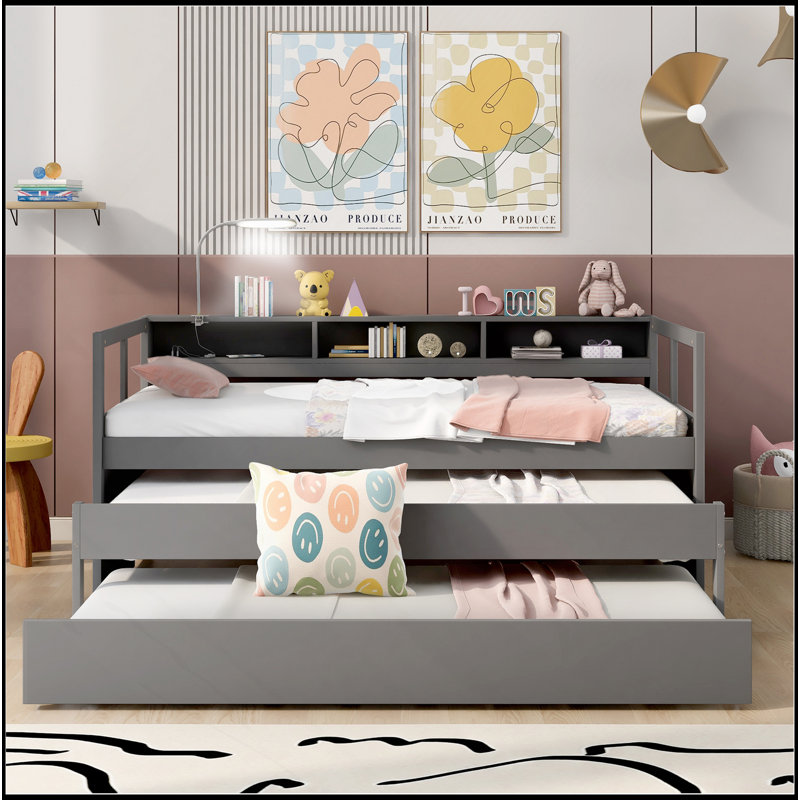 Lit de jour simple en bois avec 2 lits gigognes, 3 casiers de rangement, 1 lumière gratuite et conception de chargement USB