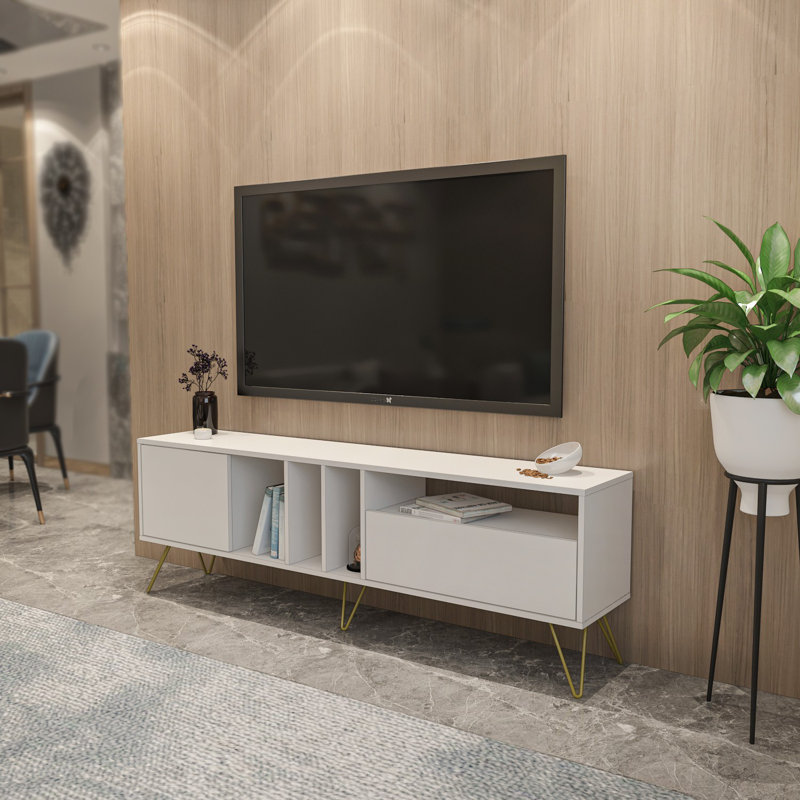Modern White TV Stand with Gold Accents, 70.9 x 23.1 x 14 inches | 100% Melamine Coated Particle Board, Metal Legs, Multiple Shelves | Wall-Mountable, Additional Storage, Elegant Design for Living Room & Entertainment Spaces