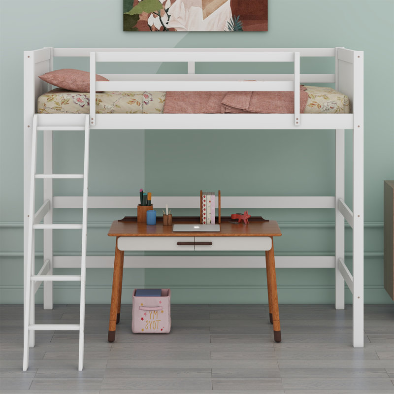 Lit mezzanine en bois avec échelle, Blanc
