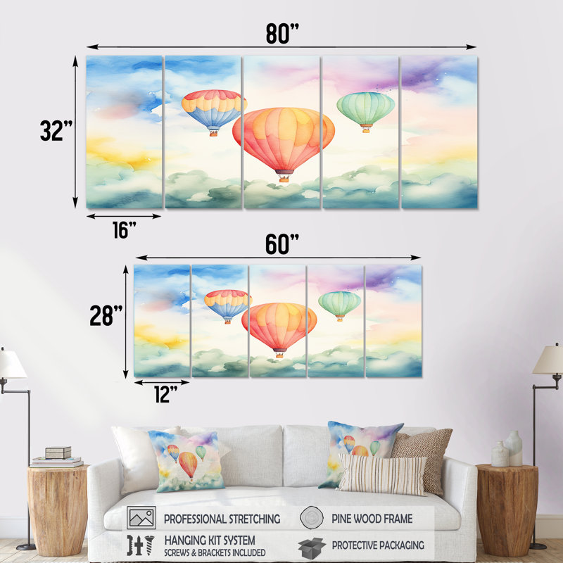 Aquarelle verte et rouge montgolfière Horizon III - montgolfière, 5 pièces, H 32 po x l 80 po
