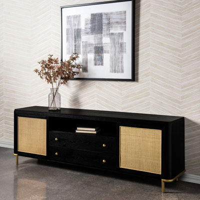 Coastal - Meuble télé de style noir de 79 po pour téléviseurs de 80 à 89 po, comprenant deux tiroirs, des armoires en façade et des tablettes réglables sur support métallique en laiton vieilli pour soutenir les espaces de vie principaux assortis à une envergure, deux