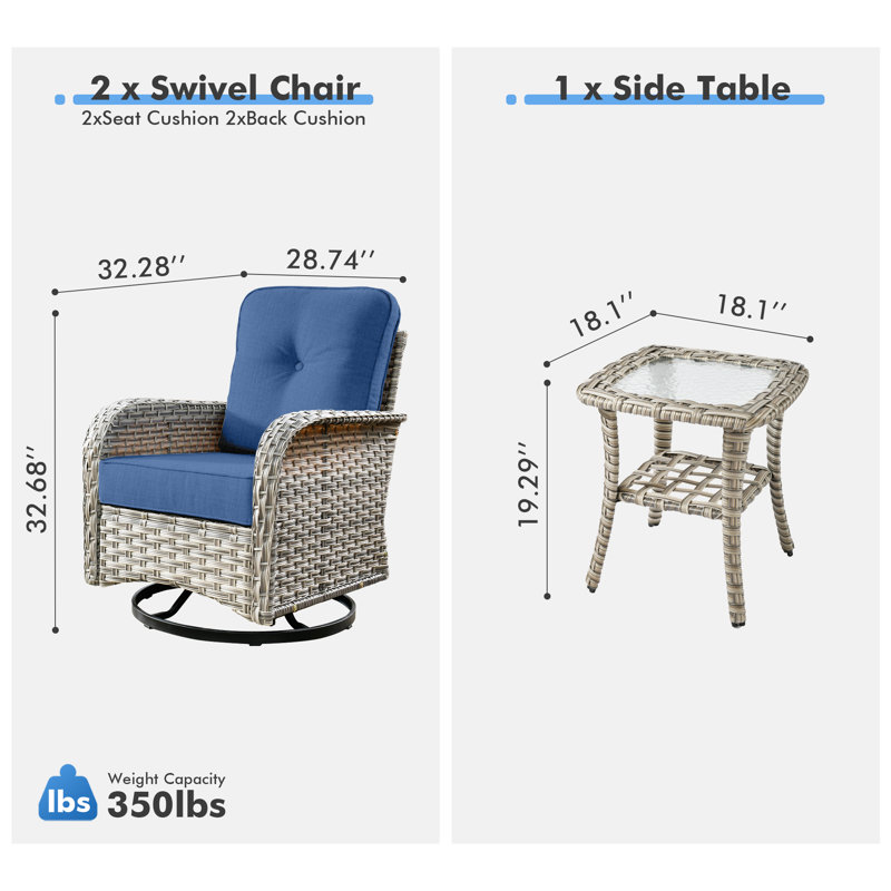 Ensemble de trois chaises pivotantes d'extérieur, Bleu