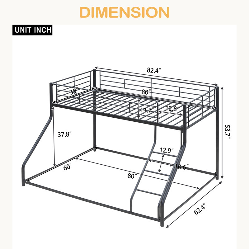 Metal Floor Bunk Bed, Twin XL Over Queen, Twin XL over Queen