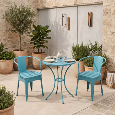 Ensemble bistro 3 pièces en métal thermolaqué avec deux fauteuils et une table ronde à lattes pour le patio, le porche, la cour ou la piscine