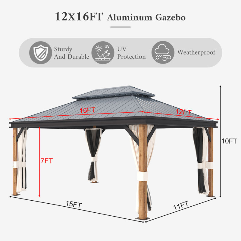 12 x 16ft Hardtop Aluminum Gazebo with Galvanized Steel Double Roof, Mosquito Netting and Privacy Curtains, Wood Grain Patio Gazebo for Backyard Gatherings, Relaxation & Outdoor Entertaining