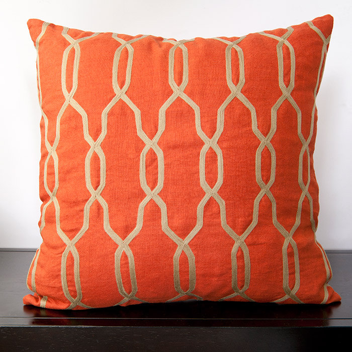 Glamorous Geometric Embroidered Linen Throw Pillow, 18" H x 18" W x 4" D, Mediterranean Blue/Parchment, Polyester