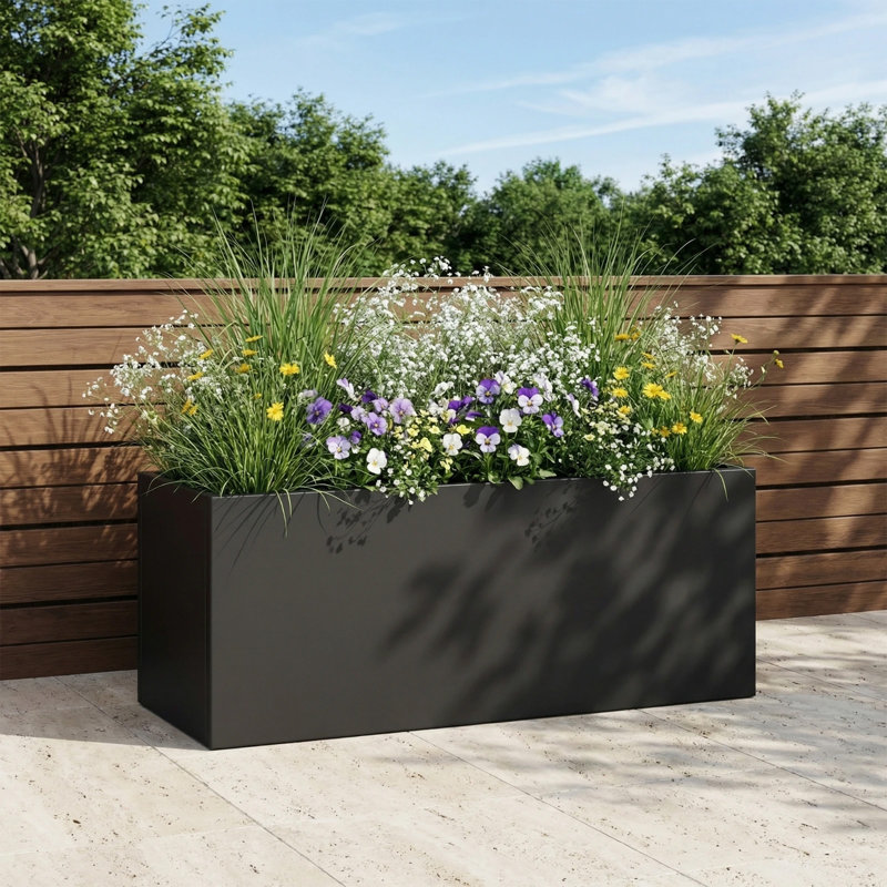 Boîte à fleurs rectangulaire en métal avec trous de drainage Dees, Gris foncé, 11.8" H x 29.5" W x 11.8" D