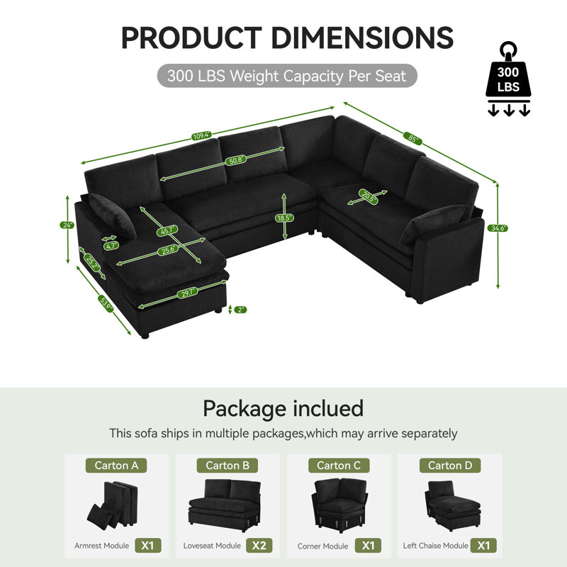 Canapé modulaire de 110 po avec méridienne gauche, canapé confortable à double couche profonde, Méridienne 7 places à gauche