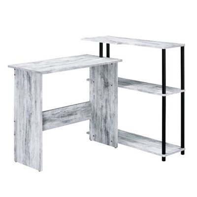 Rectangular Writing Desk With 3 Tier Side Shelf, L-shape, Antique White And Black, Metal Particle Board Office Option Shelf In Furniture