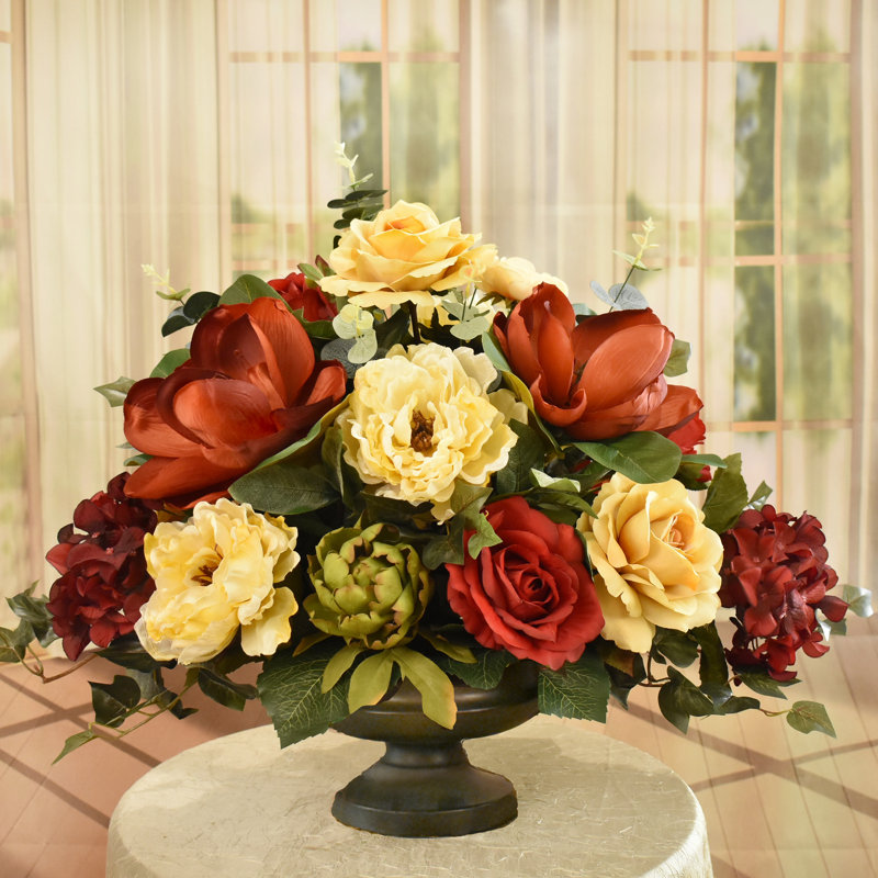 Grand Burgundy Magnolia and Peony Silk Floral Centerpiece