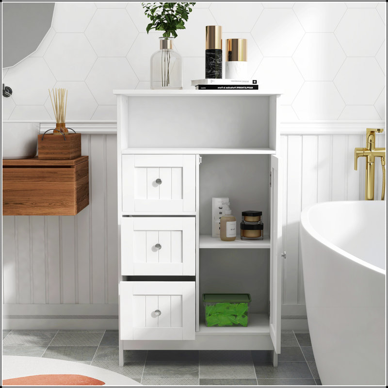Armoire de rangement pour salle de bain avec 3 tiroirs et 1 porte, parfaite pour organiser vos articles essentiels et maximiser votre espace en blanc.