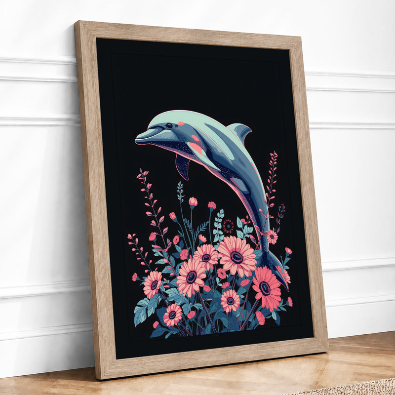 Dolphin Among Blooms Modern - Framed Print, A4 - 29.7 x 21.0 cm, Oak