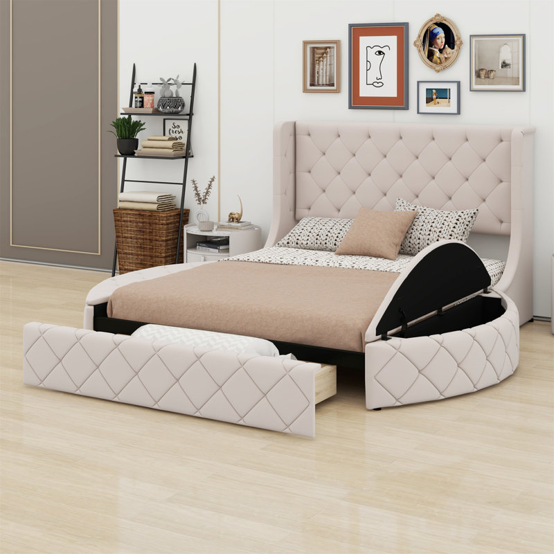 Lit plateforme tapissier avec tête de lit à oreilles et 1 grand tiroir, 2 tabourets de rangement latéraux, Beige