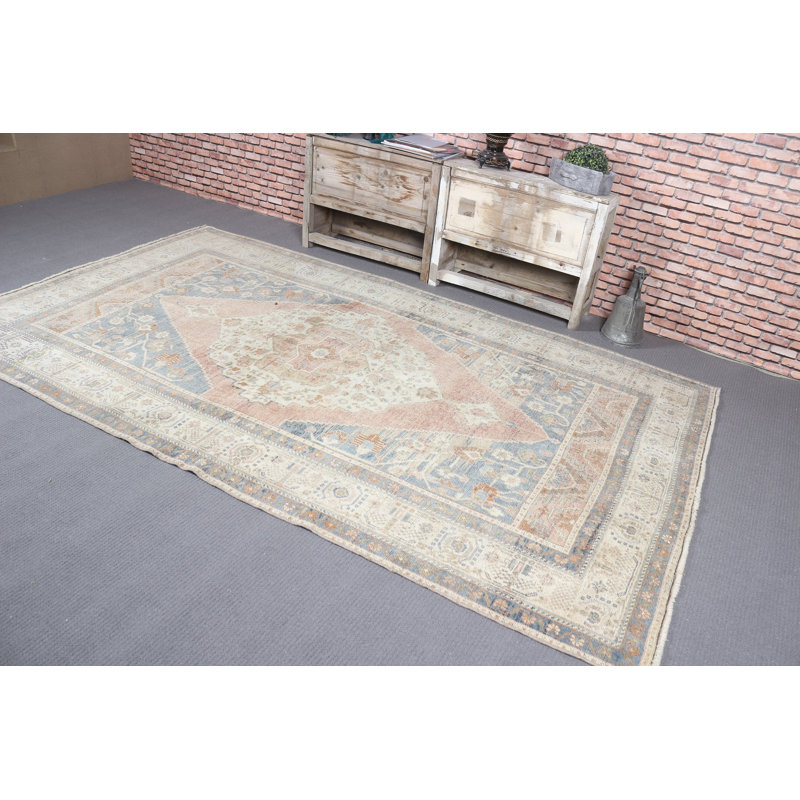 Vintage Turkish Rug in Pastel Beige and Blue Tones with Intricate Geometric Patterns for Bohemian Home Decor