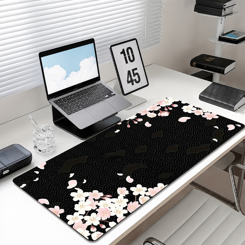  Rubber Mouse Pad, Smooth Microfiber Surface, Non-Slip Base, Rounded Edge Decorative Mouse Mat for Office & Gaming,12×32 Inch ,Pink Cherry Blossom Wave