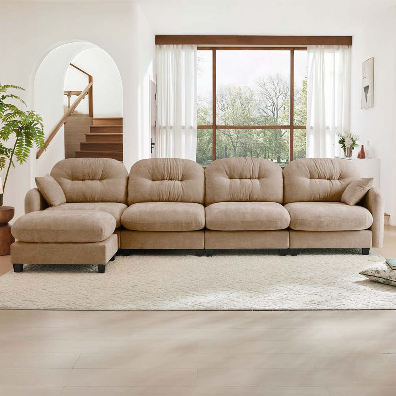 Canapé modulaire en chenille 4 places avec 2 coussins et repose-pieds, Chameau