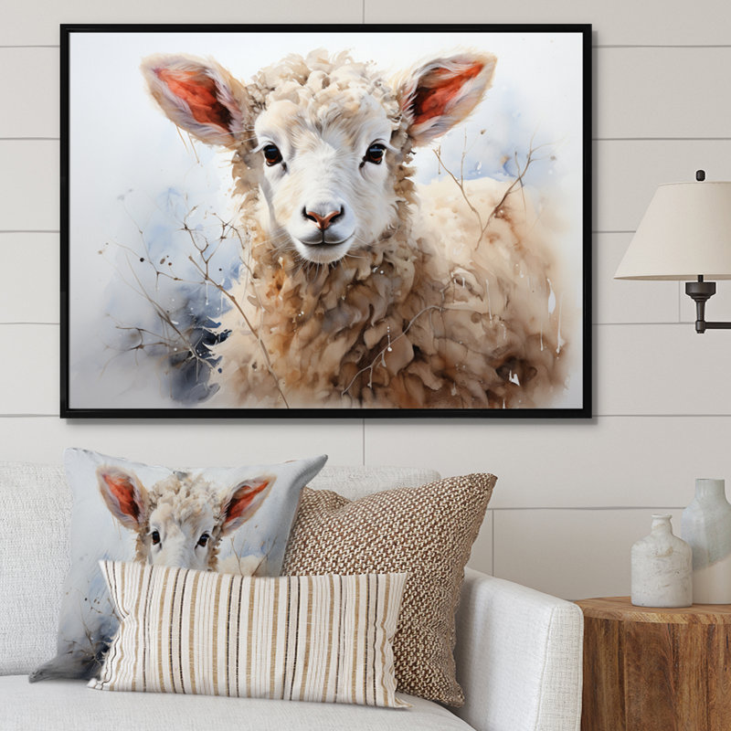 Mouton beige en hiver sur toile, H 12 po x l 20 po x P 1 po, Cadre flottant noir