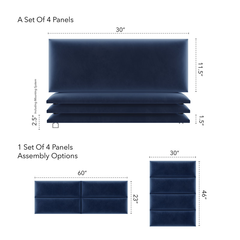 Sapan Upholstered Headboard, Queen (30"W x 11.5"H, Set of 4), Velvet Micro Fiber Navy