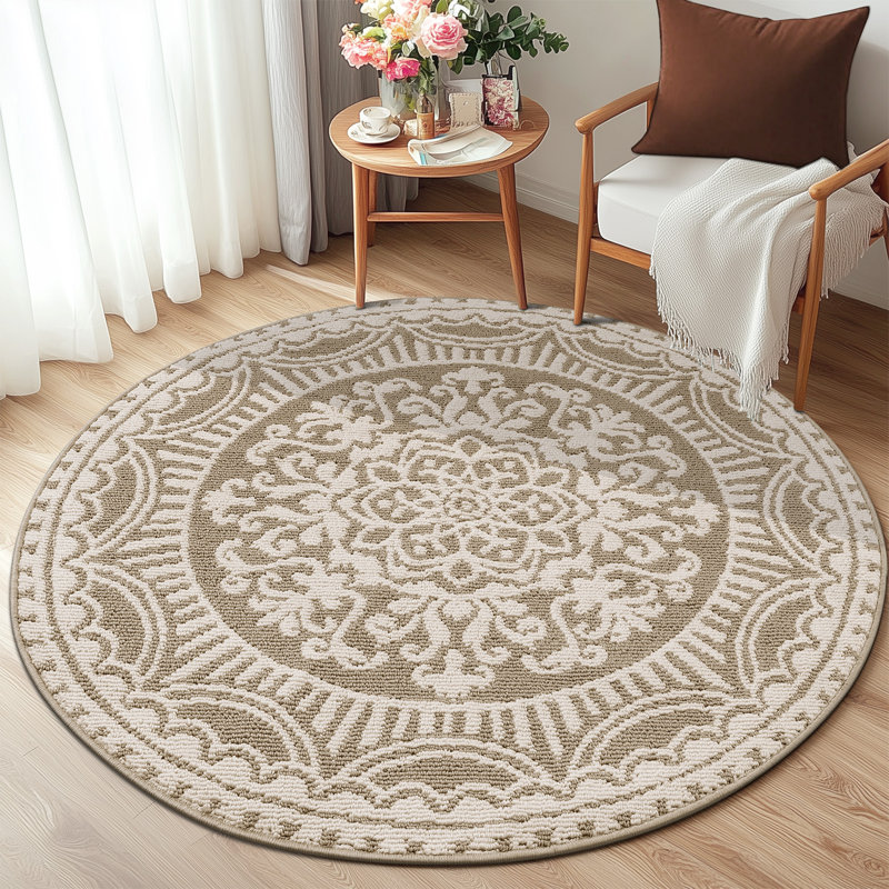 Tapis rond rond résistant aux taches beige, Rond 4 pi