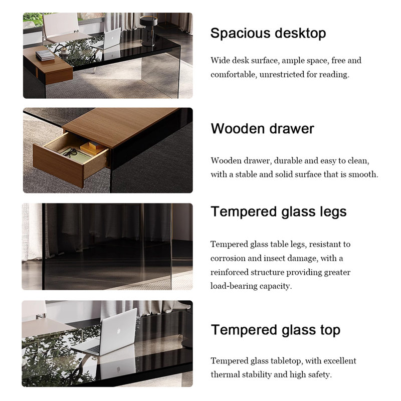Bureau de luxe moderne en verre transparent haut de gamme, H 29,53 po x l 70,87 po x P 27,56 po