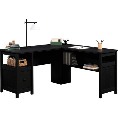 Bureau d'ordinateur traditionnel en forme de L avec gestion des câbles et tablette ouverte, pour étude à distance Élégant fini en forme de L lisse noir, gestion des câbles d'étagère, efficacité du bureau à domicile