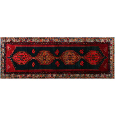 Tapis de couloir rouge unique en laine noué à la main de style années 70 de 3 pi 9 po x 10 pi 5 po Magarete