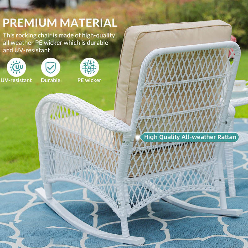 White Wicker and Beige Cushions 3-Piece Patio Rocking Bistro Set
