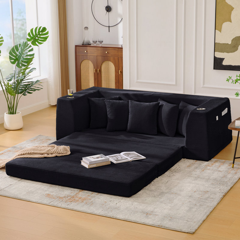 Lit Boneless de 82,25 po, canapé-lit, canapé 2 en 1, canapé-lit en velours côtelé, 5 coussins, poche latérale, deux porte-gobelets, accoudoirs larges, canapé convertible
