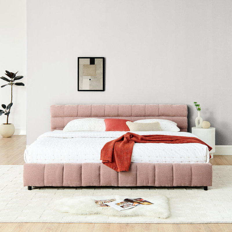 Très grand lit rose avec revêtement et rangement en chenille - Tiroir en tissu de style moderne confortable, Rose
