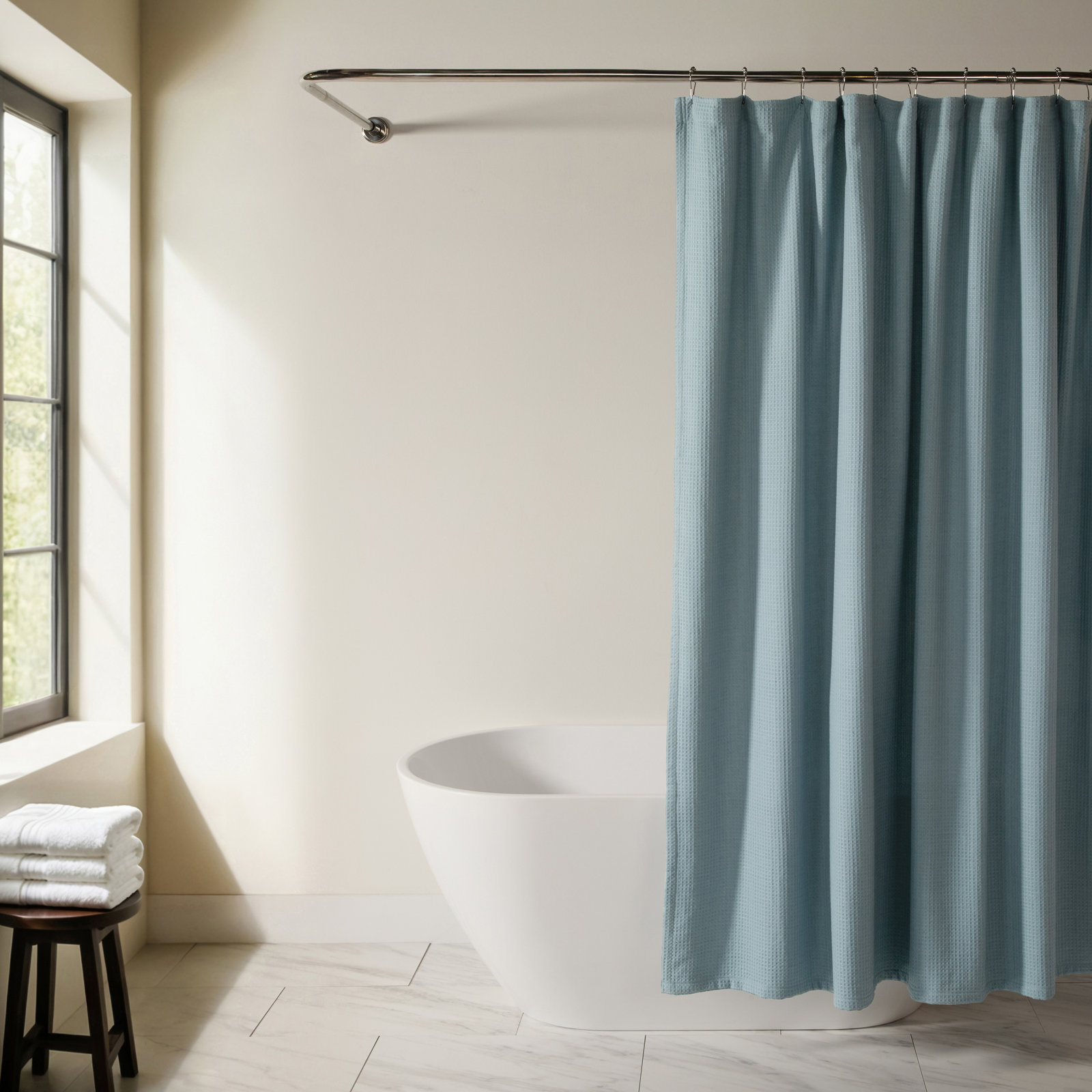 Waffle Textured Cotton Blend Shower Curtain, Blue