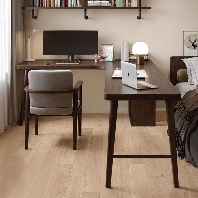 Bureau en coin en bois massif avec bureau en L et bibliothèque intégrés, H 29,53 po x l 70,87 po x P 55,12 po