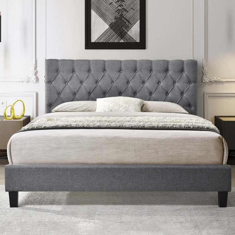 Lit plateforme tapissier touffeté, gris, Très grand