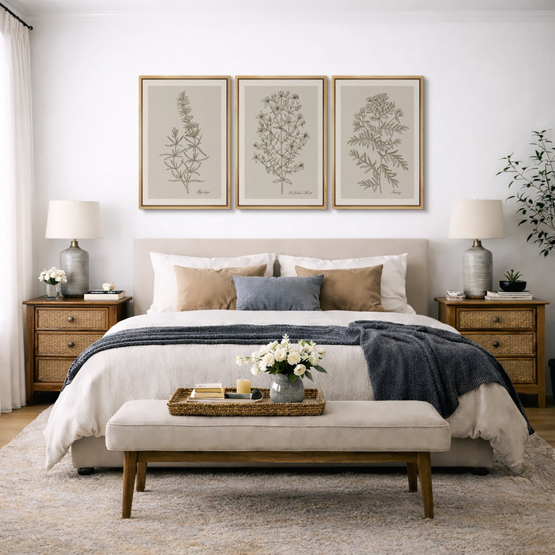 Minimal Botanical "Duotone Beige Green Classic Artwork, Simple Neutral Botanical Wall Pictures, Large Framed Canvas Giclee Print 3 Pieces Wall Art Set"  16"x24"x3 pcs, 24"x36"x3 pcs