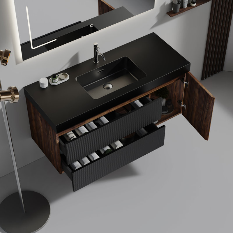 48" Wall Mounted Single Bathroom Vanity with Solid Surface Sink Top, Matte Black
