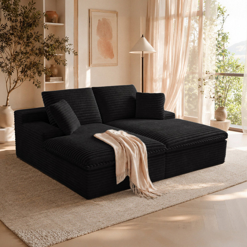 Canapé-lit modulaire en velours côtelé 78,7 po surdimensionné pour lit double en velours côtelé avec sièges profonds double couche, canapé-lit sans cadre avec 4 coussins, sans assemblage requis (noir)