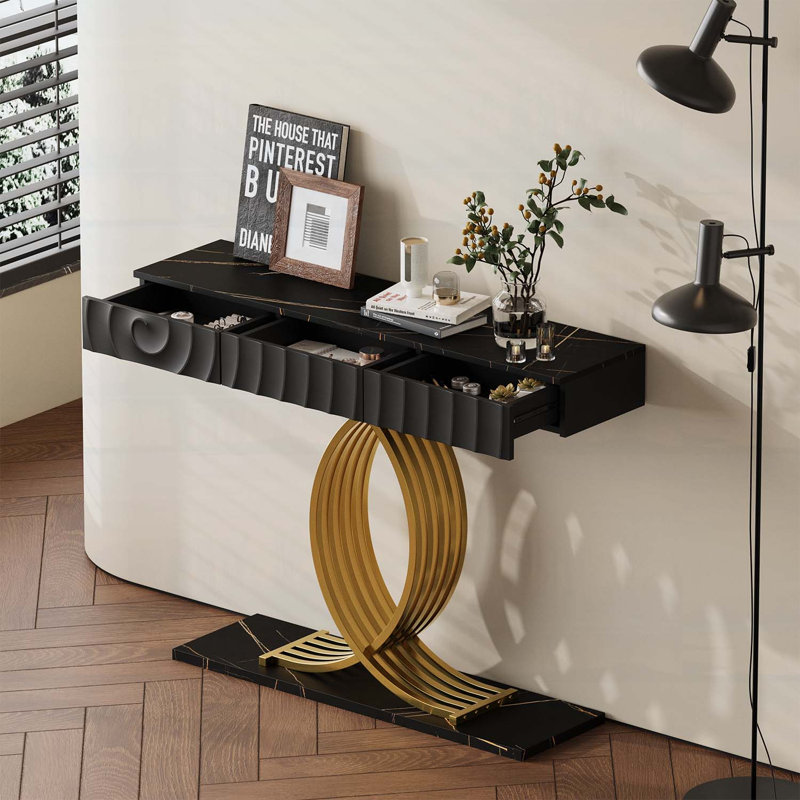 Table d'entrée 47,3 po à 3 tiroirs, console avec cadre en métal pour espaces de vie modernes, White / Black+Gold, Black+Gold