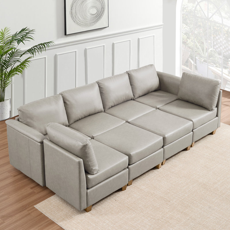 8-Piece Modern Upholstered Sectional Sofa, Beige Faux Leather, Natural